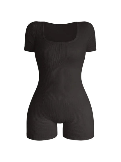 Women'S Solid Short Sleeve Sports Bodysuit, Casual Sporty Square Neck Bodycon Bodysuit for Yoga Gym Workout, Summer Outfits 2024, Ladies Sportswear for All Seasons, Workout Tummy Control Jumpsuit, Stretchable Activewear